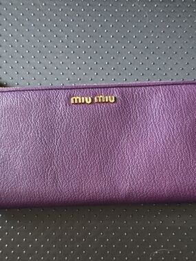 Miu Miu Plum Textured Leather Zip Wallet with Gold Logo